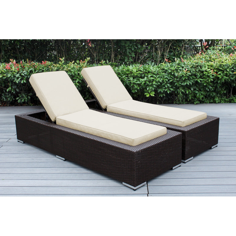 Billyjo Outdoor Wicker Chaise Lounge - No Assembly, Antique Beige Sunbrella® Canvas, Dark Brown