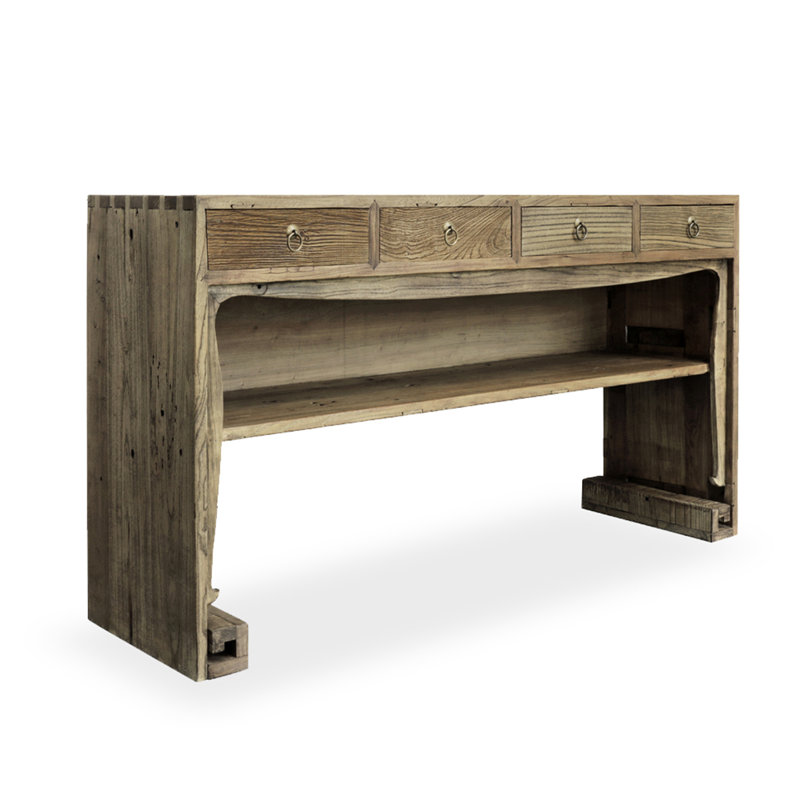 Console rustique en bois récupéré avec 4 tiroirs et tablette ouverte