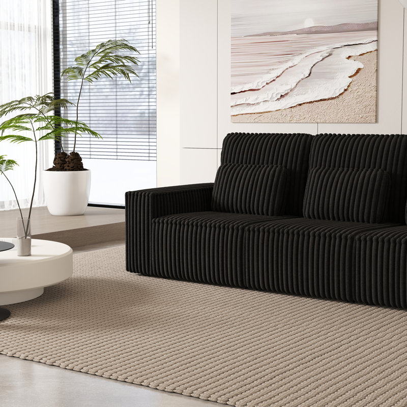 Canapé rembourré 3 places moderne en velours côtelé avec 3 coussins décoratifs modernes, Noir