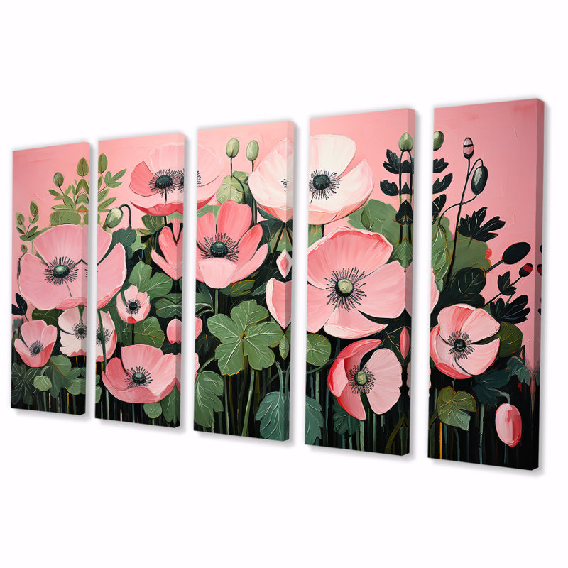 Minimalisme, coquelicots roses et verts - coquelicots, 5 pièces, H 32 po x l 80 po