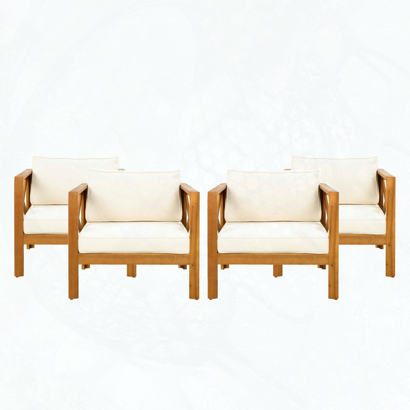 Fauteuil club d'extérieur en bois d'acacia avec coussin (ensemble de 4) - Finition teck, beige, Beige