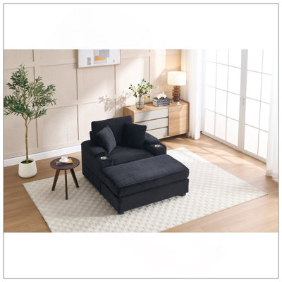 Corduroy Upholstered Chaise Lounge Sofa With Handrail Storage,Movable Ottoman,Cupholders,Detachable Cushions Deep Seat For Living Room Office,5 Colour,Wide Stripe Corduroy
