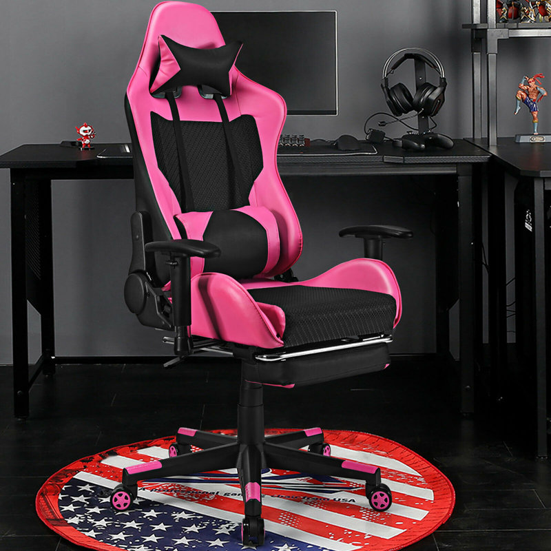 Latitude Run® Adjustable Faux Leather Swiveling Gaming Chair Game Chair with Footrest in Pink