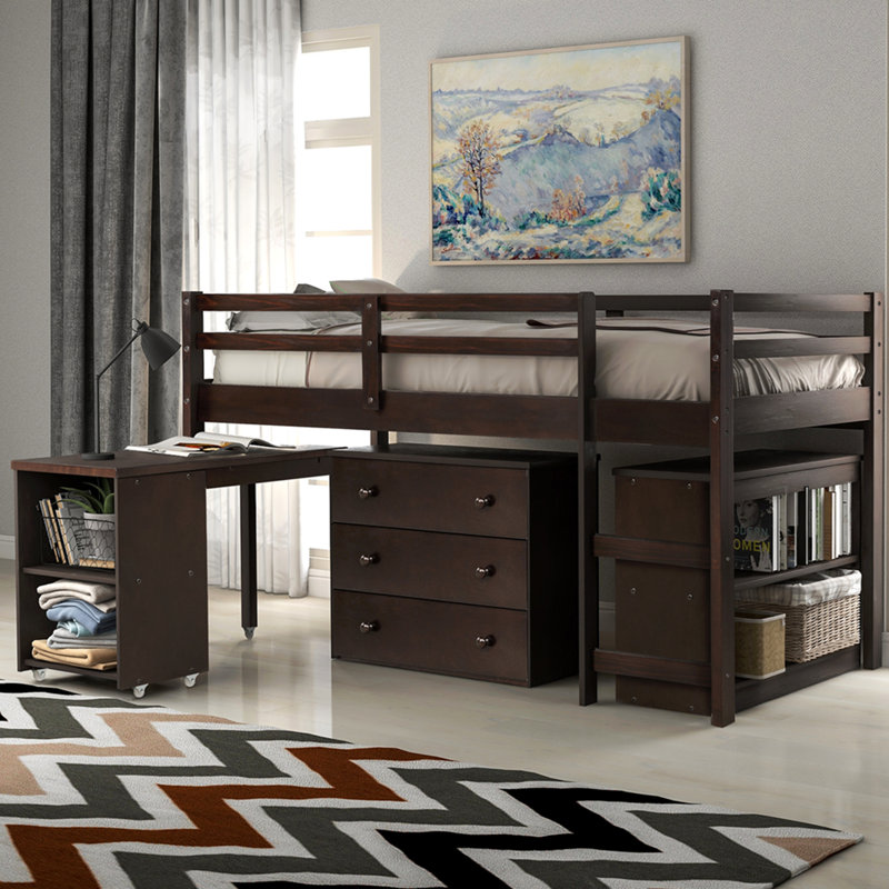 Low Study Twin Loft Bed with Cabinet and Rolling Portable Desk, Espresso
