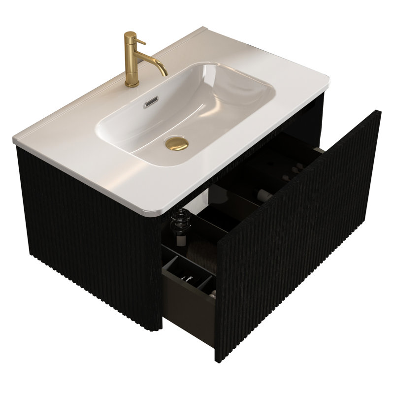 Meuble-lavabo de 30 po au design moderne avec chêne rayé noir, lavabo blanc et rangement pratique en céramique, Noir, 30"