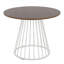 Table de salle à manger ronde avec piètement en acier et dessus en bois, quatre couverts, hauteur fixe.