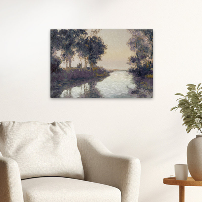 Serene Reflections - Contemporary River Scene Impressionist Brushwork Mute Colors Art, H 24 po x l 16 po