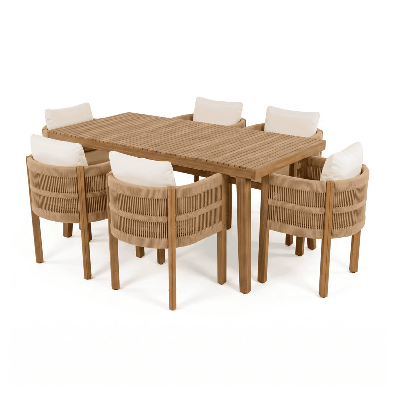 Ensemble repas d'extérieur 7 pièces avec table en bois d'acacia brun et 6 chaises à dossier en corde, coussins beiges inclus