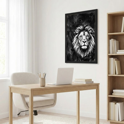 Toile noire encadrée en bois noir pour le salon, la chambre à coucher, le bureau ou le vestibule - décoration murale décorative avec portrait de lion