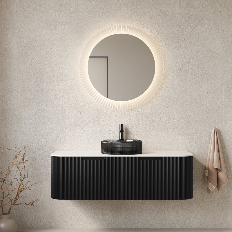 Meuble-lavabo de salle de bain 48 po Dina avec lavabo, armoire de rangement murale rayée à bords arrondis flottants avec 2 tiroirs, lavabo et comptoir en verre noir transparent pré-assemblé