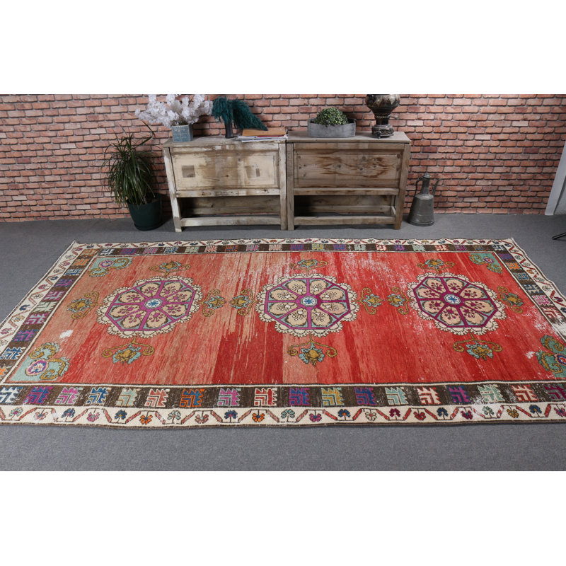 Grand tapis turc rétro en laine rouge idéal pour rehausser l'ambiance de votre salle à manger