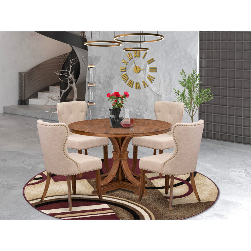 5 Piece Dining Table Set Includes a 48" Round Table with Pedestal and 4 Light Tan Linen Fabric Parson Chairs, Antique Walnut