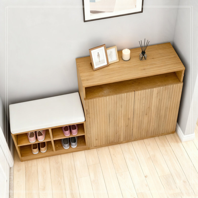 Armoire avec banc à chaussures, 2 portes et 3 tablettes réglables à 3 niveaux, Natural