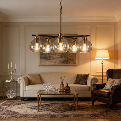 Mid-Century Modern Sputnik Chandelier With Seeded Glass Shades, 5-Light Black And Gold Kitchen Island Lighting For Dining Room, Foyer, And Entryway