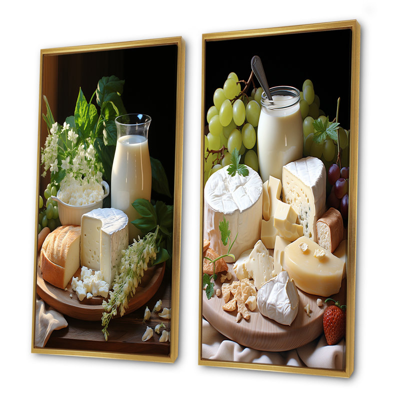Lait et fromage, sérénité crémeuse - ensemble de 2 reproductions d'art laitier, Encadrement doré, H 28 po x l 25 po