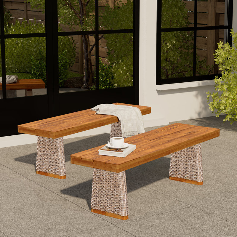 Henry Outdoor Acacia Wood Dining Bench With PE Wicker Legs, Brown