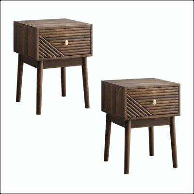 Set of 2 Mid-Century Walnut Bedside Tables with Recessed Design and Gold Accents