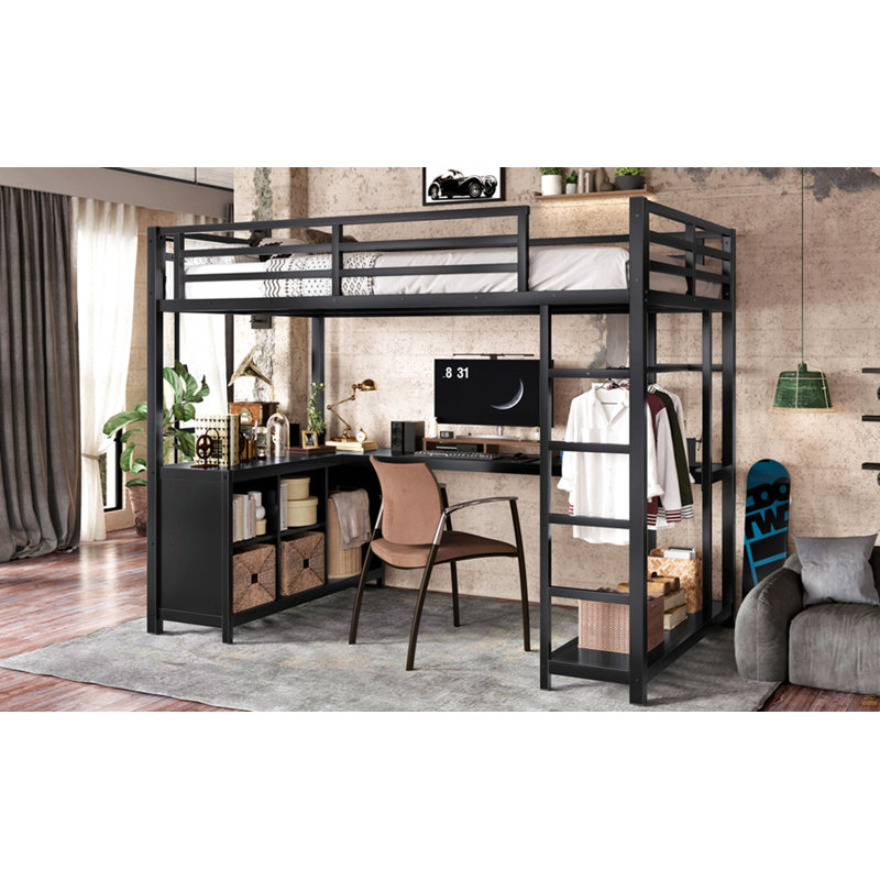 Lit mezzanine en métal avec garde-robe et bureau en forme de L, lit mezzanine simple de taille XL avec cubes de rangement et tablettes