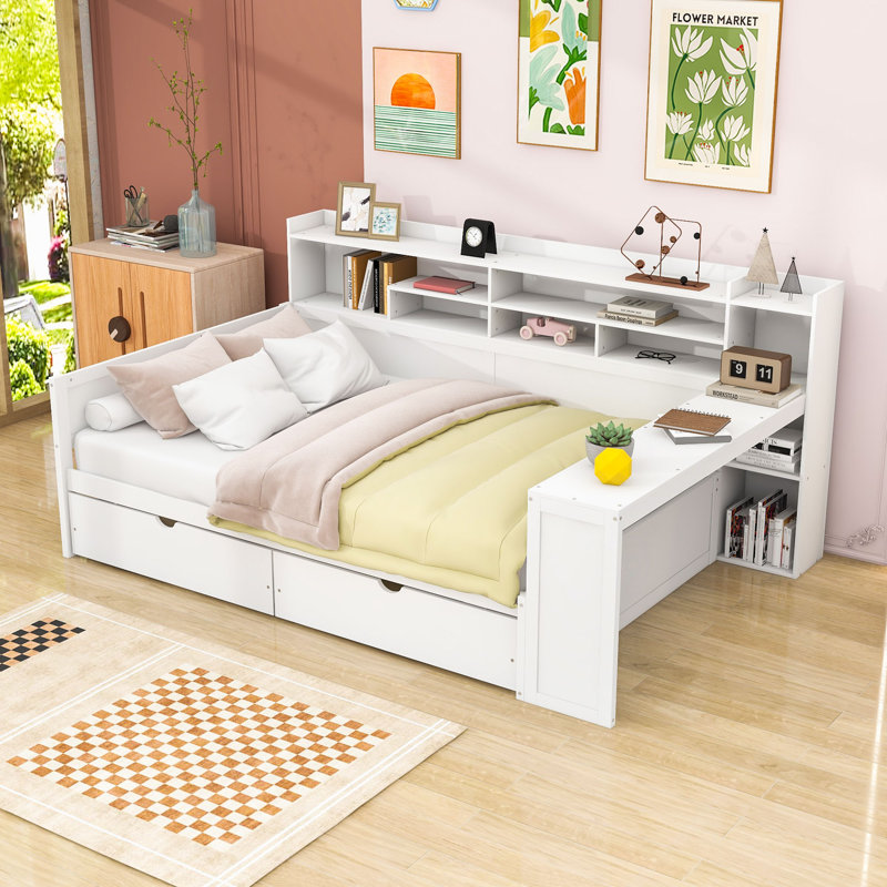 Crompton Multifunctional Wooden Daybed With Shelves, Drawers, and Study Desk, Full / Double, Antique White