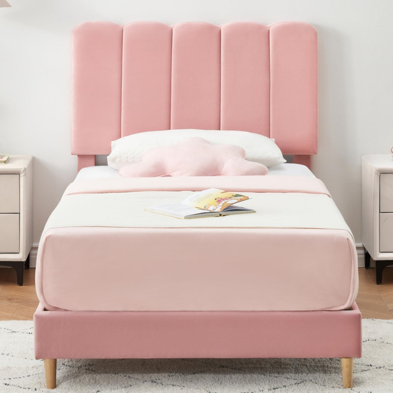 Soft Upholstered Platform Bed Frame with Wave Headboard for Girls - Crystal Diamond Tufted - Strong Wood Slat Support - No Box Spring Needed - Easy Assembly - Twin Size - Pink