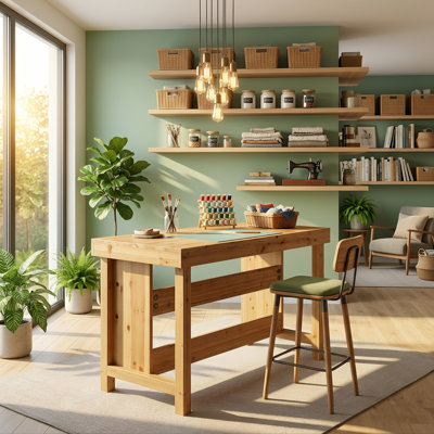 Table de couture artisanale en bois massif avec tablettes de rangement et sièges