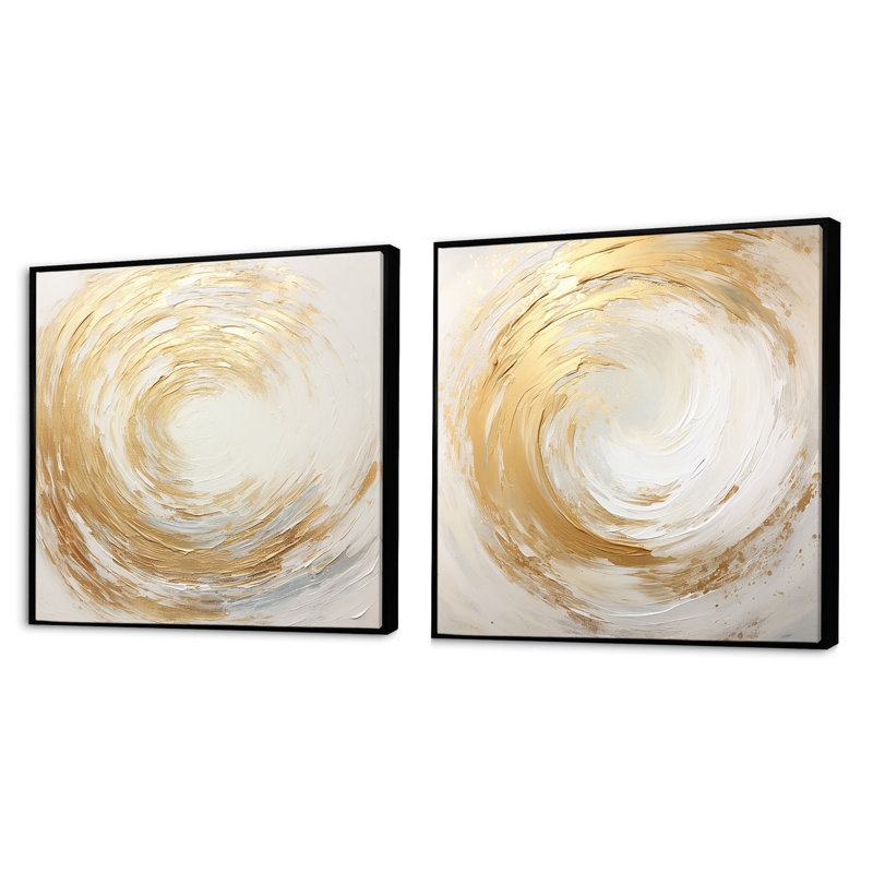 Gold And White Soft Wave Vortex - Abstract Spirals Square Collage Set Of 2, 16" H x 33" W, Black Floater Framed