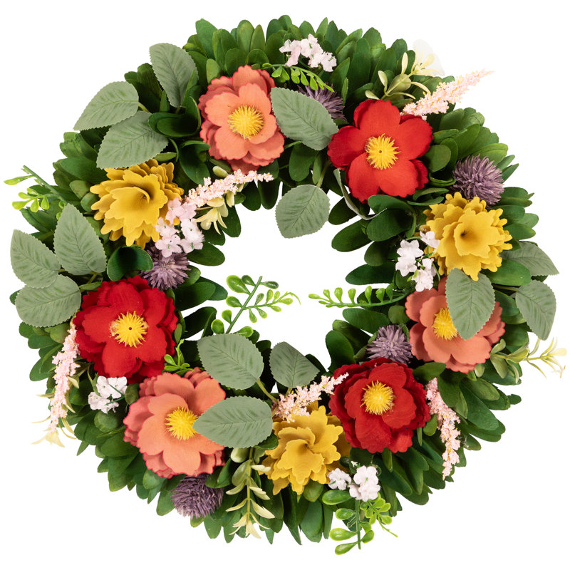 Vibrant Spring Floral Artificial Wreath with Green Foliage