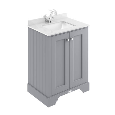Bayswater 600mm Plummett Grey 2 Door Floor Standing Cabinet With 1 Tap Hole Square Basin With White Worktop