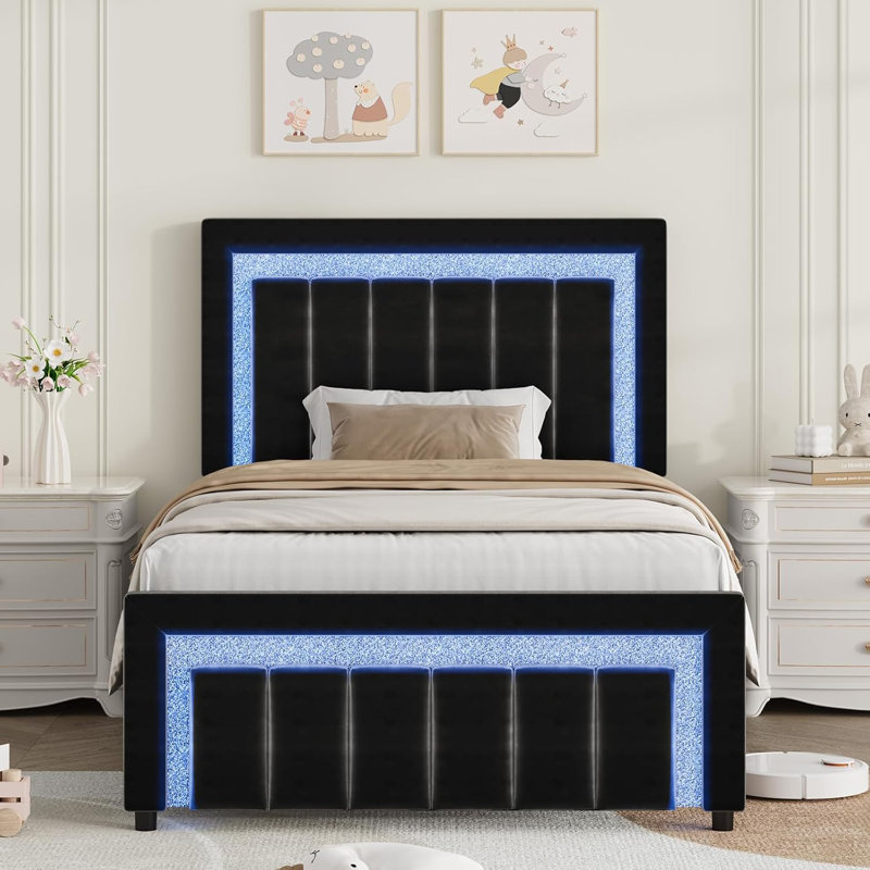 LED-lit and velvet-upholstered bed frame with a modern diamond headboard that is adjustable, Twin, Black