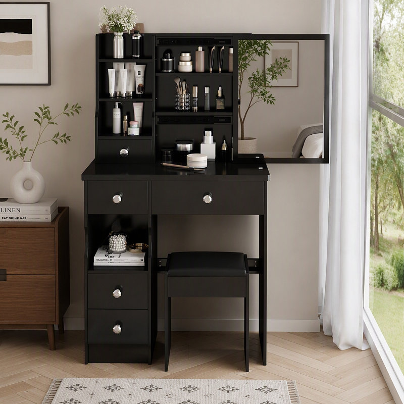 Petit meuble-lavabo de 29,2 po avec tiroir à gauche et tabouret rembourré, très grand miroir coulissant à droite, rangement multicouche à grande capacité, commode pratique et pratique, convient aux petits espaces
