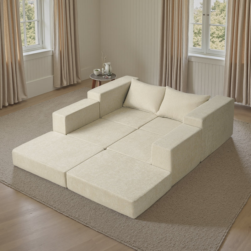 Ensemble de canapé modulaire 6 pièces Boneless Cloud avec revêtement en chenille et 4 coussins, peu encombrant.