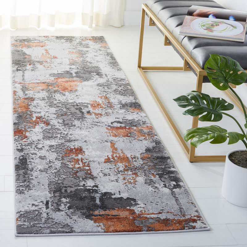Ettinger Abstract Gray/Orange Area Rug, Runner 2'3" x 12'
