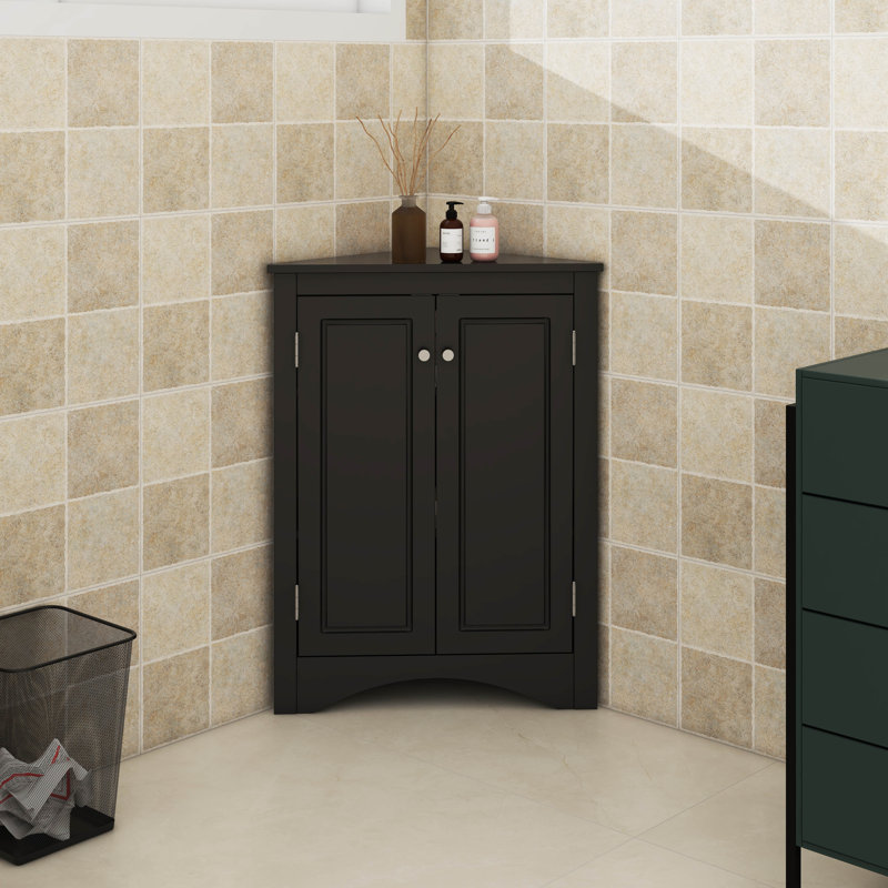Triangle Bathroom Floor Storage Cabinet With 3 Adjustable Storage Shelves, Black