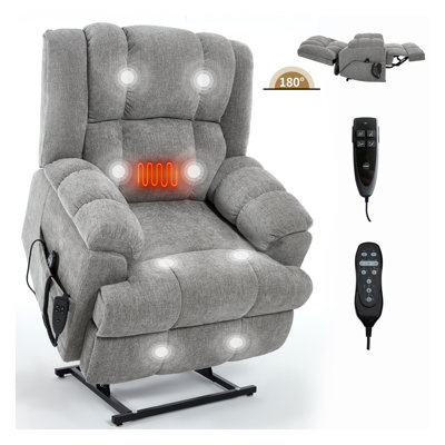 Dual Motor Power Lift Recliner Chair with Heat Massage, Infinite Position, Heavy Duty 350 LBS Capacity Electric Recliner, Light Grey Chenille Fabric