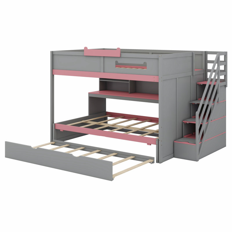 Lit superposé multifonctionnel avec escalier, lit gigogne et tablettes de rangement, DEL, Gris