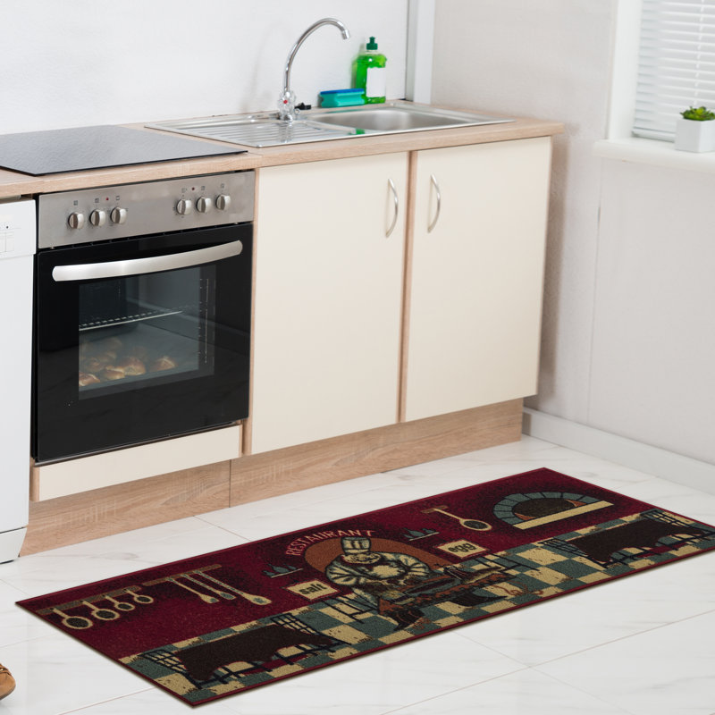 Red Chef Design Non-Slip Kitchen Runner Rug, 20" x 59"