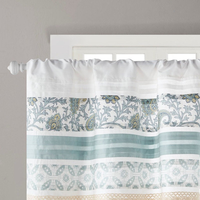 Rideau de fenêtre en coton imprimé et découpé Shabby Chic, turquoise et blanc, 50 po x 18 po