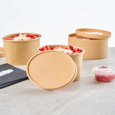 LIDS ONLY: Coppetta 4.53 x 3.62 x 0.45 Inch To Go Cup Lids, 50 Durable Ice Cream Cup Lids - With Plastic Spoon, For Hot & Cold Foods, Brown Plastic Disposable Cup Lids For Desserts - Restaurantware