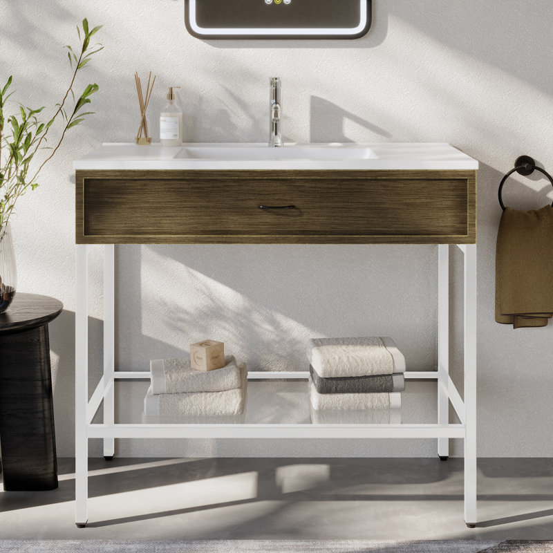 Meuble-lavabo de 37 po avec lavabo intégré, tiroir décoratif, tablette en verre trempé pour les appartements modernes, les salles de bain principales et d'invités