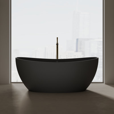 MonBlari 64" X 33" Freestanding Black Soaking Solid Surface Bath tub with Overflow and Pop-up Drain For Bathroom