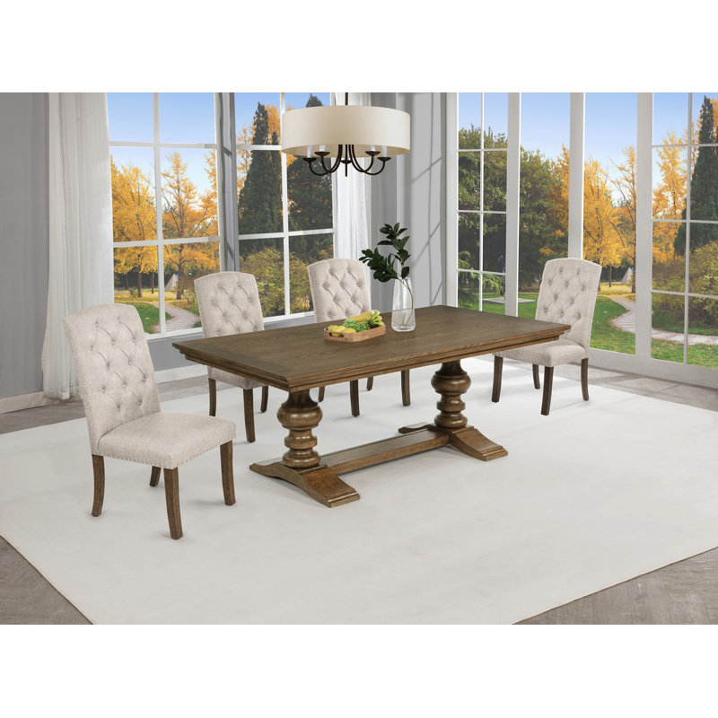 Ensemble de salle à manger de style traditionnel avec chaises capitonnées et garniture cloutée, Beige