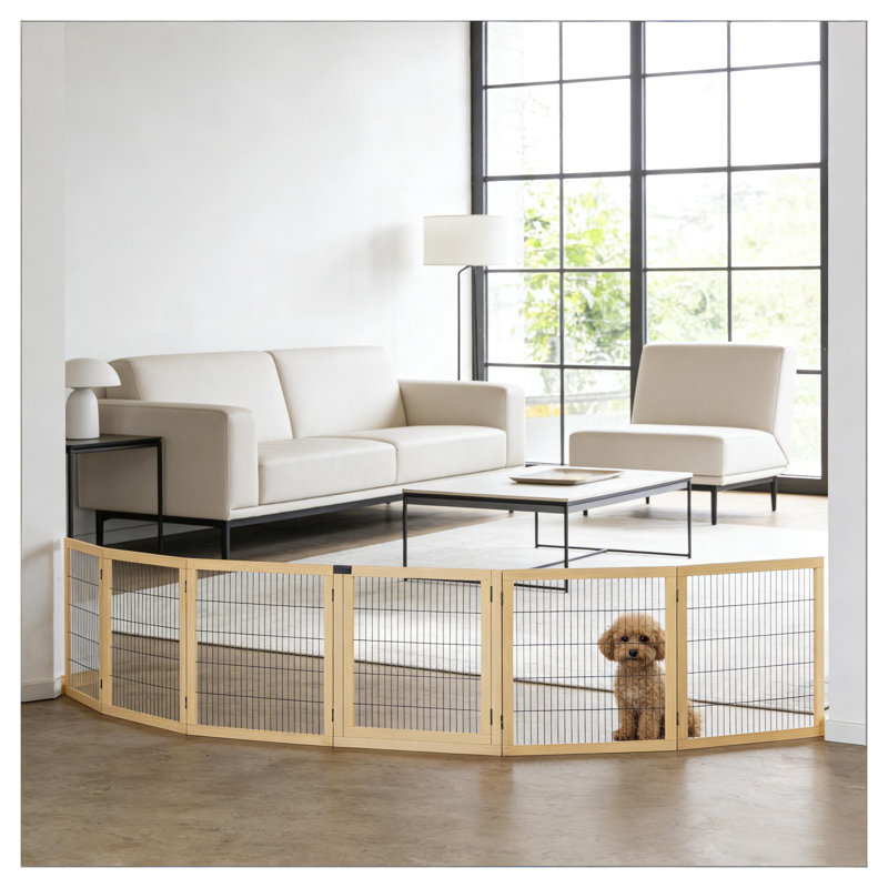 Barrière pour animaux 6 panneaux en bois pliable avec verrou central, finition pin naturel