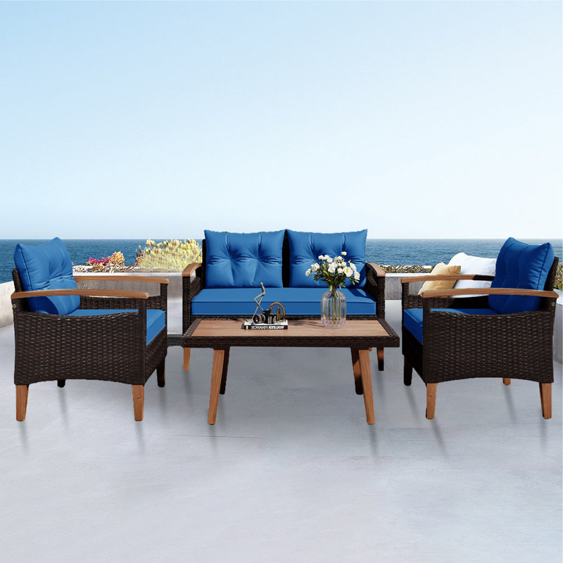 Gravesend Wicker 4 - Person Patio Conversation Set with Cushions, Blue