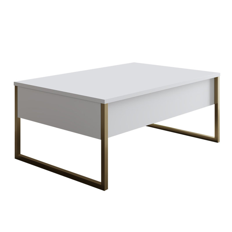 Modern Coffee Table with Metal Legs, White & Gold, 35.4 x 23.6 x 15.7 inches | 100% Melamine Coated Particle Board, Thickness: 0.7 inches | Sleek Design for Living Room, Glamorous & Functional