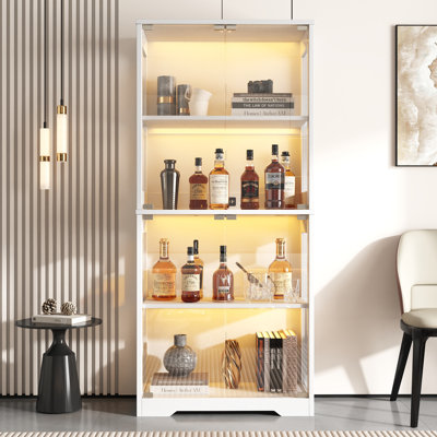 Display Cabinet With Glass Doors, 4-Tier Storage Cabinet with LED Light
