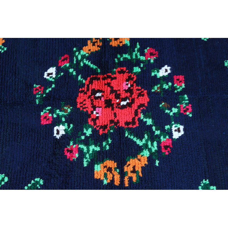 Tapis turc bleu à motif floral tissé à la main vintage pour la cuisine et la salle à manger - Anatolian nomade lumineux