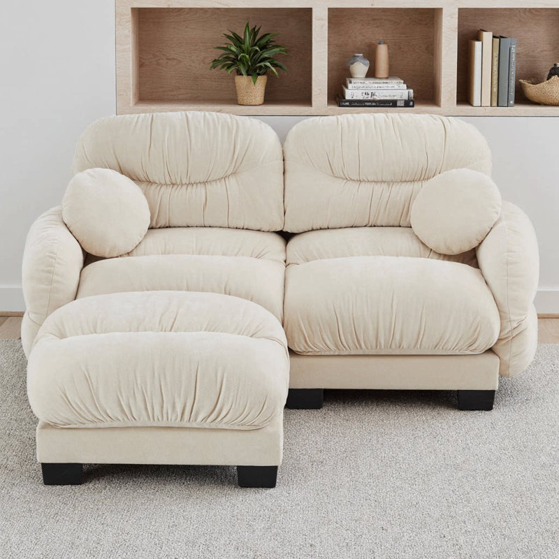 Pleated Chenille Fabric 2-Seater Modular Sofa, L-Shape Sectional Couch with Ottoman, High-Density Cloud Foam Seat, Curved Round Armrests & 2 Round Throw Pillows