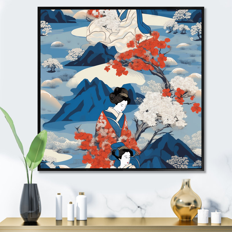 Femme japonaise Ukiyo dans les montagnes rétro, H 24 po x l 24 po x P 1 po, Cadre flottant noir