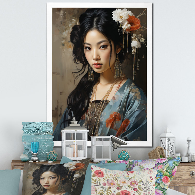«Caihla Asian Art Geishas Grace I», reproduction sur toile, H 40 po x l 30 po x P 1,5 po, Cadre photo blanc