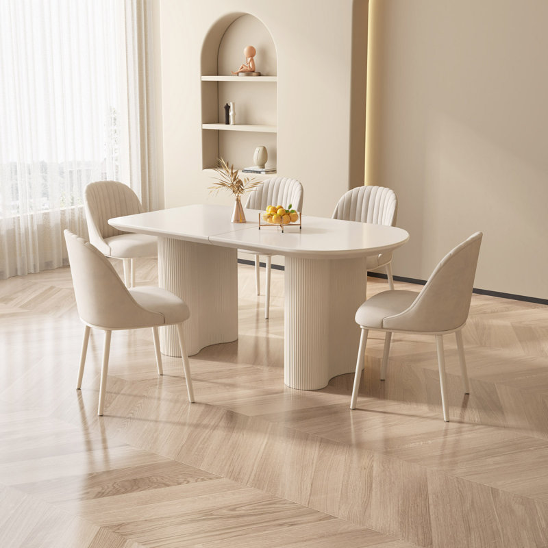 Pearlena 55.11" Modern Rectangle Cream White Dining Table Set with 6 Chairs for Kitchen, Bar, Living Room